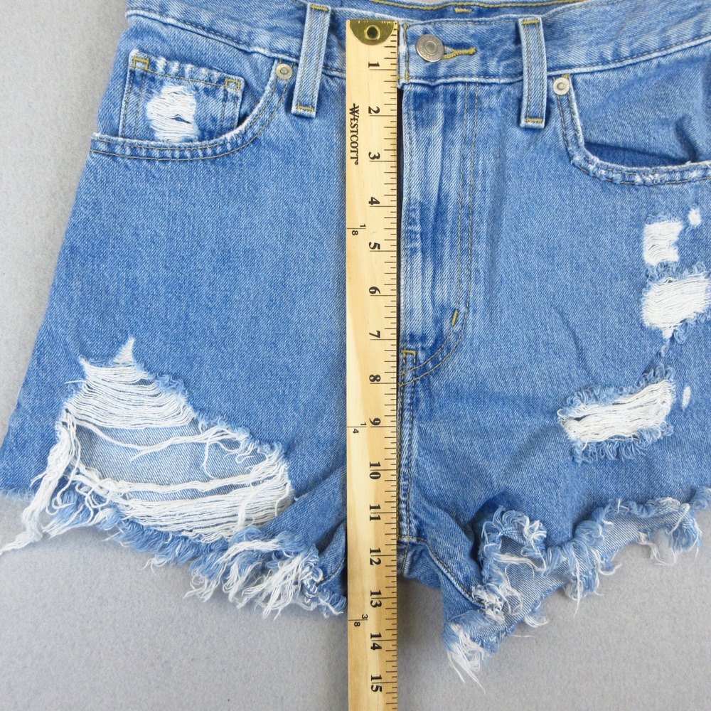Levi's High Waisted Mom Shorts Women 26 Blue Distressed Denim Cutoffs Frayed Hem - Picture 9 of 12